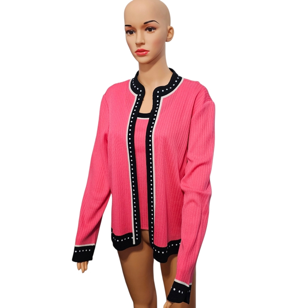 Ming Wang Two Piece Pink/Black Ribbed Knit Cardigan and Tank Dopamine Set M/L - Picture 2 of 10